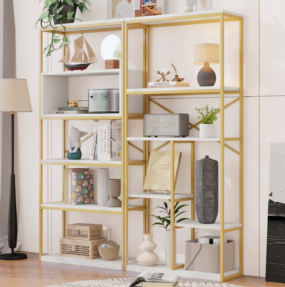 MODFU - Boekenkast - Open Rek Met X-Versteviging - Metaal En MDF - Goud Wit - 160x29,5x180 Cm