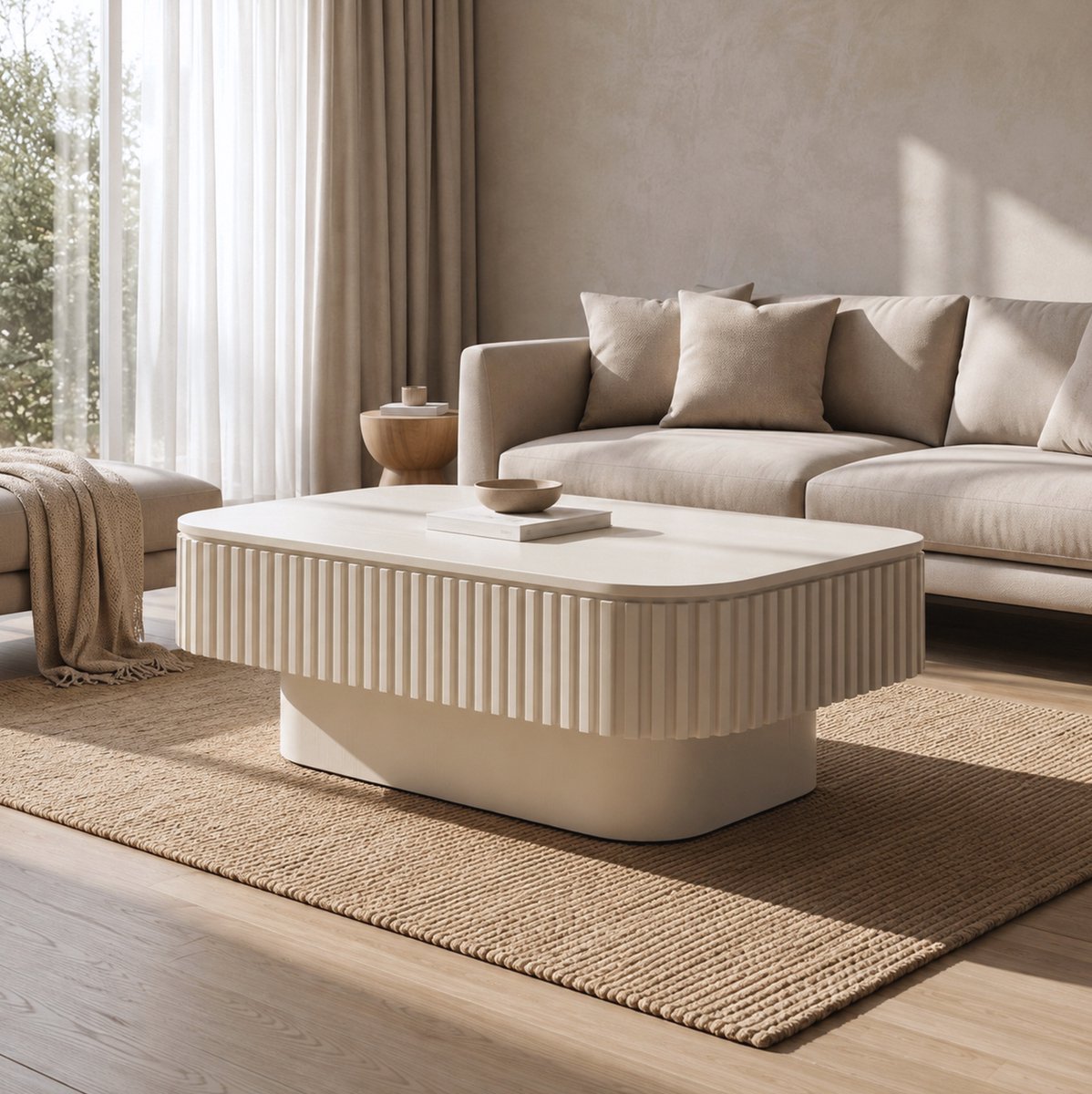 MIVRAY Salontafel - Opklapbaar Blad Met Verborgen Opbergruimte En Gegroefd Design - Voor Woonkamer, Slaapkamer En Kantoor - MDF - Crème - 98x60x35 Cm