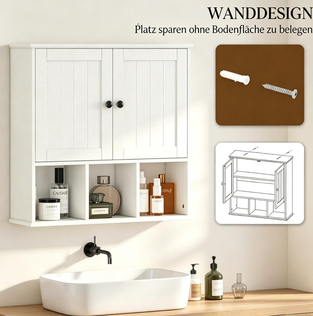 REDOM - Badkamerwandkast - 2 deuren en 3 open vakken - Verstelbare plank - Landelijke stijl - Badkamer - MDF - Wit - 60 x 19,5 x 60 cm