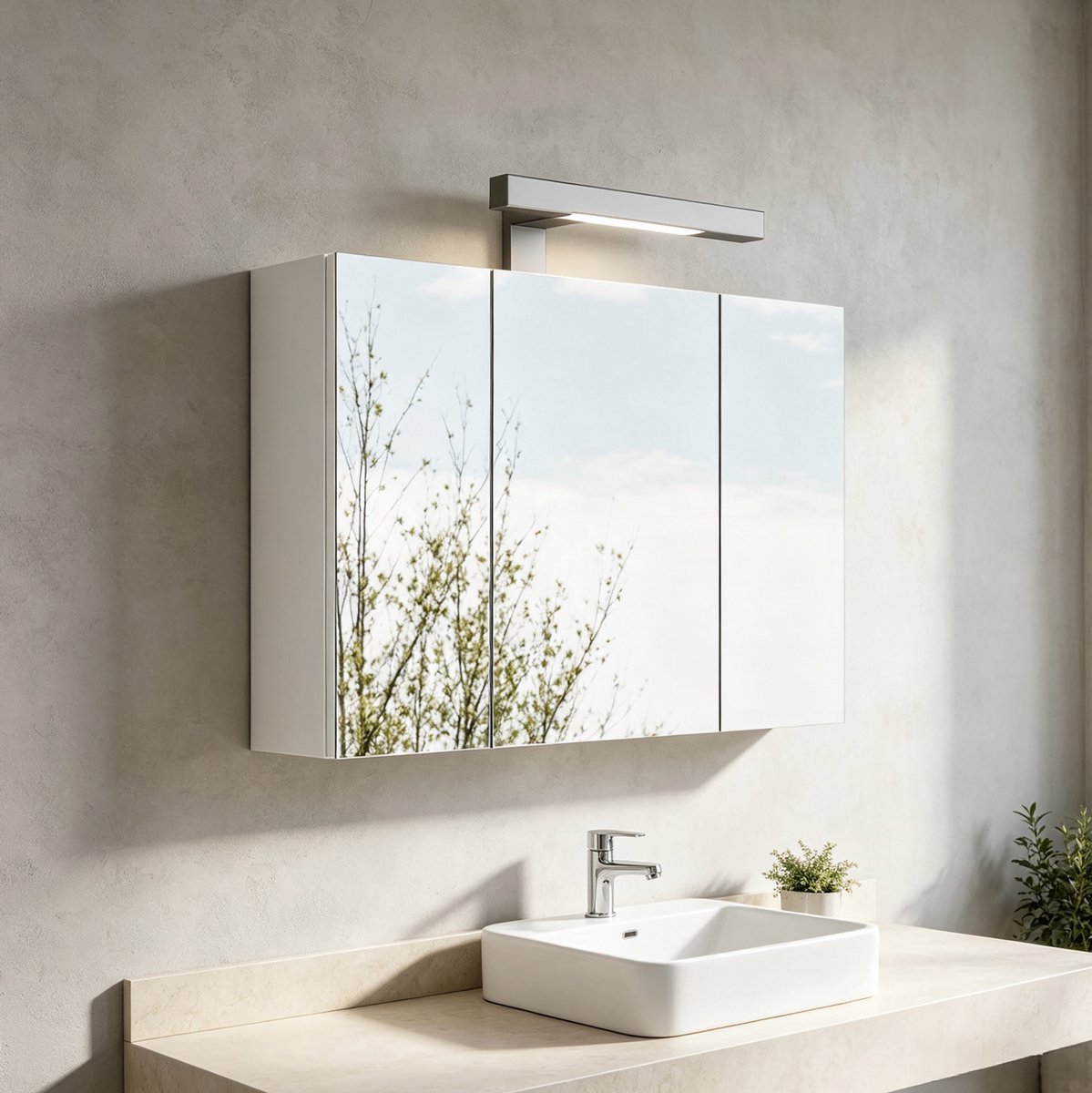 OKWISH Badkamerkast – Wandgemonteerde Spiegelkast Met 3 Deuren En LED-Verlichting – Met Stopcontact – MDF Wit – 60x16x70 cm