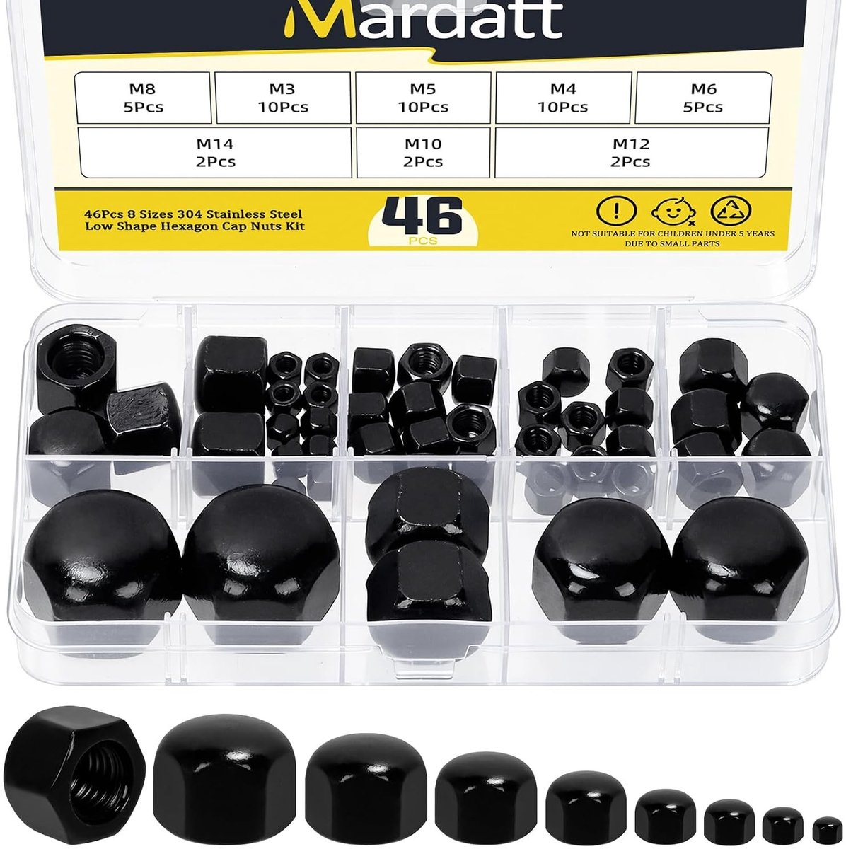 Set van 46 Acorn Moeren M3 tot M14 in Zwart RVS voor Meubel, Auto en Marine Toepassingen