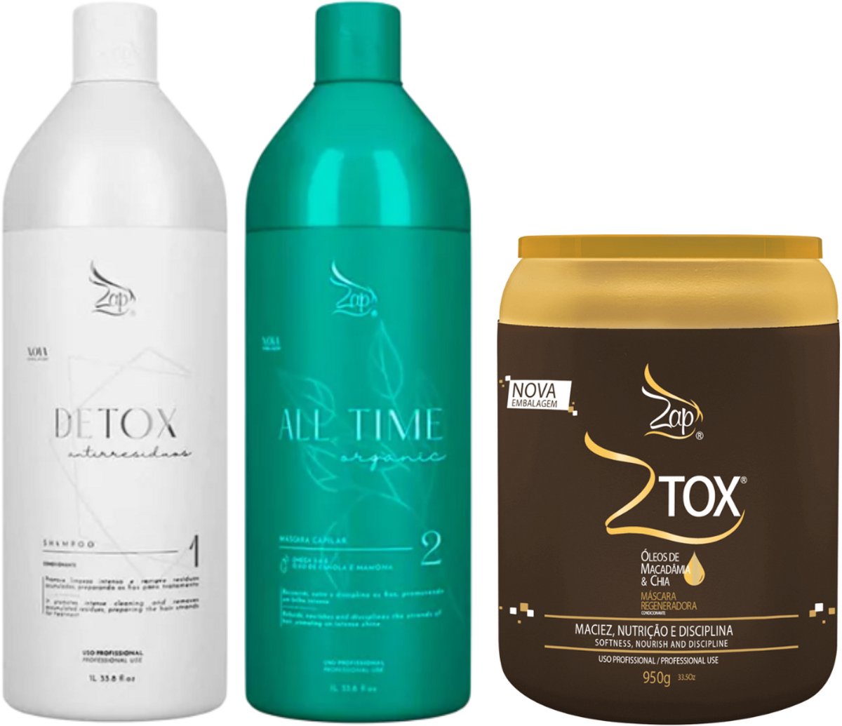 ZAP KIT ALL TIME BIO lijn Braziliaan keratine behandeling Formolvrij 2x1L Met Ztox Macadamia Oil and Chia Mask 950g - Zap na Keratine behandeling