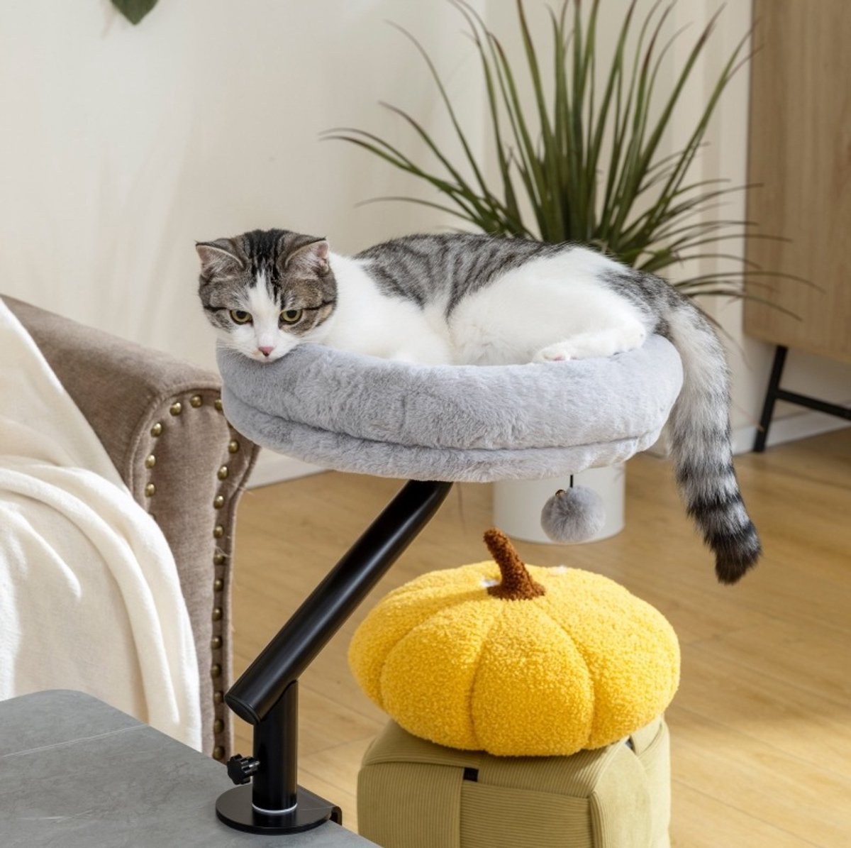 MODFU-Kattenhangmat-Bureautafel-360° Draaibaar-Verstelbare Hoogte-Grijs-Polyester