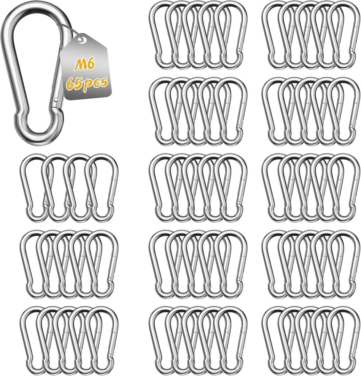 RVS Karabijnhaak 60 mm x φ6 mm - 65 Stuks - Sterke Multifunctionele Haak voor Camping en Swinggebruik