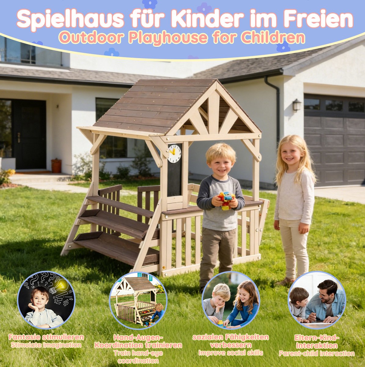 MIVRAY Tuinhuis - Huisvormig Speelhuis Met Regenbestendig Dak - 114 X 147,5 X 156 Cm - Hout - Grijs Beige - Buiten Speelplezier