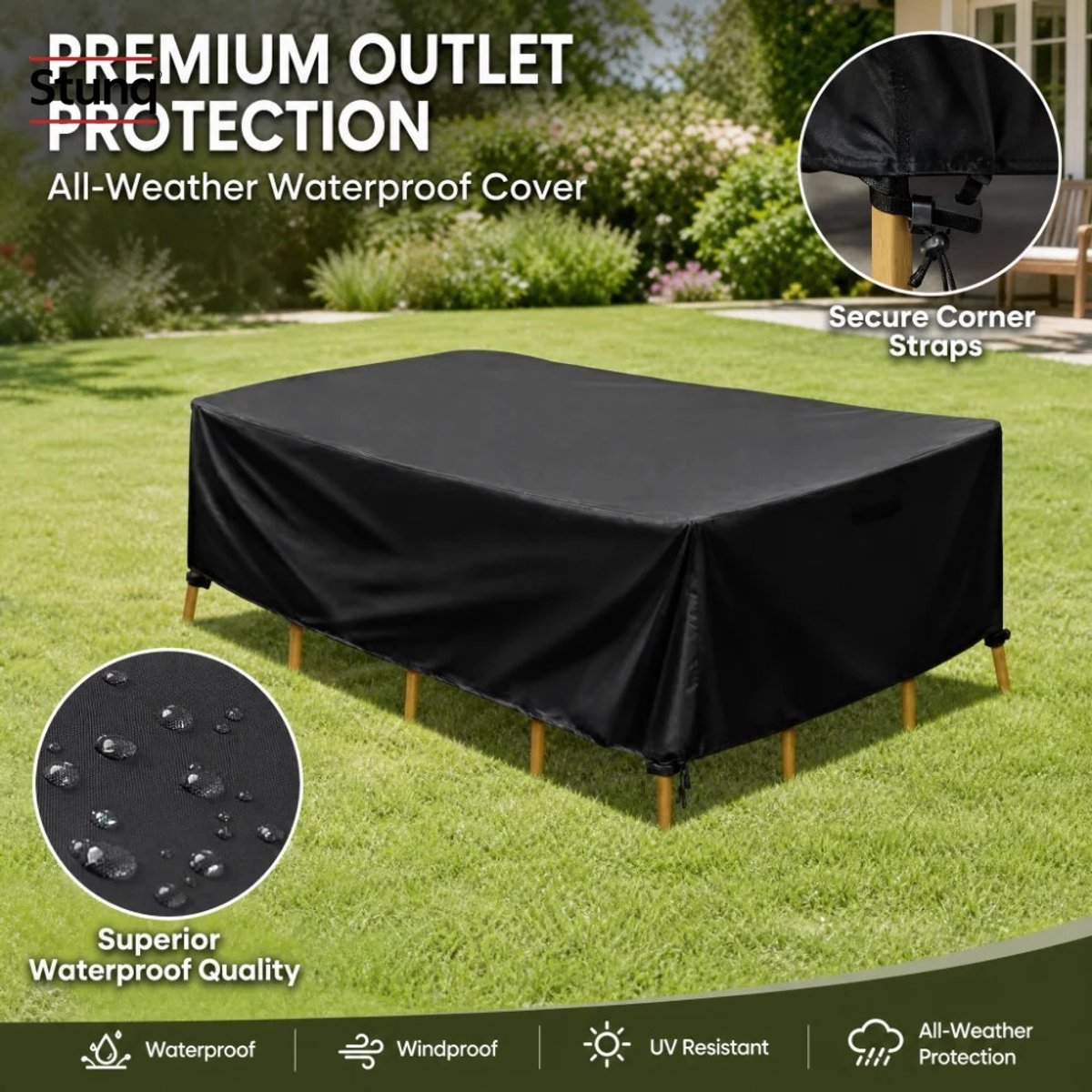 Stunq Afdekhoes voor tuinmeubelset, zwart, heavy-duty, waterafstotend, groot formaat voor buiten