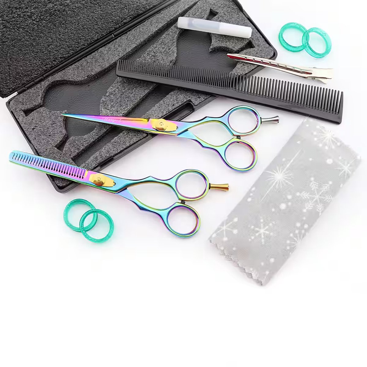 Haryali London, 15 cm (6'') rechtshandige, veelkleurige knip- en uitdunschaarset | Kappersschaarset met verstelbare gouden knop en vingerinzetstukken | Haarstylingtools voor mannen en vrouwen