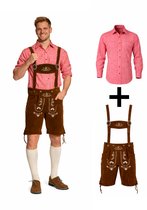 Oktoberfest Set Heren 2-Delig – Lederhosen Man 100% Amara Lederlook met Rode Blouse – Lederhose Heren Steinbock – Carnavalskleding Heren – Partyxclusive – Donkerbruin/Rood – Maat S