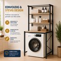 Zwart metalen frame wasmachine rek met houten planken, met deuren van de wasmachine zichtbaar. Met teksten "Eenvoudig & stevig design".