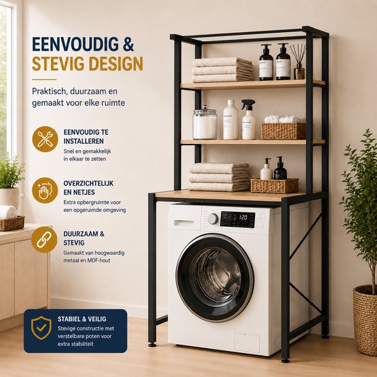 Zwart metalen frame wasmachine rek met houten planken, met deuren van de wasmachine zichtbaar. Met teksten "Eenvoudig & stevig design".