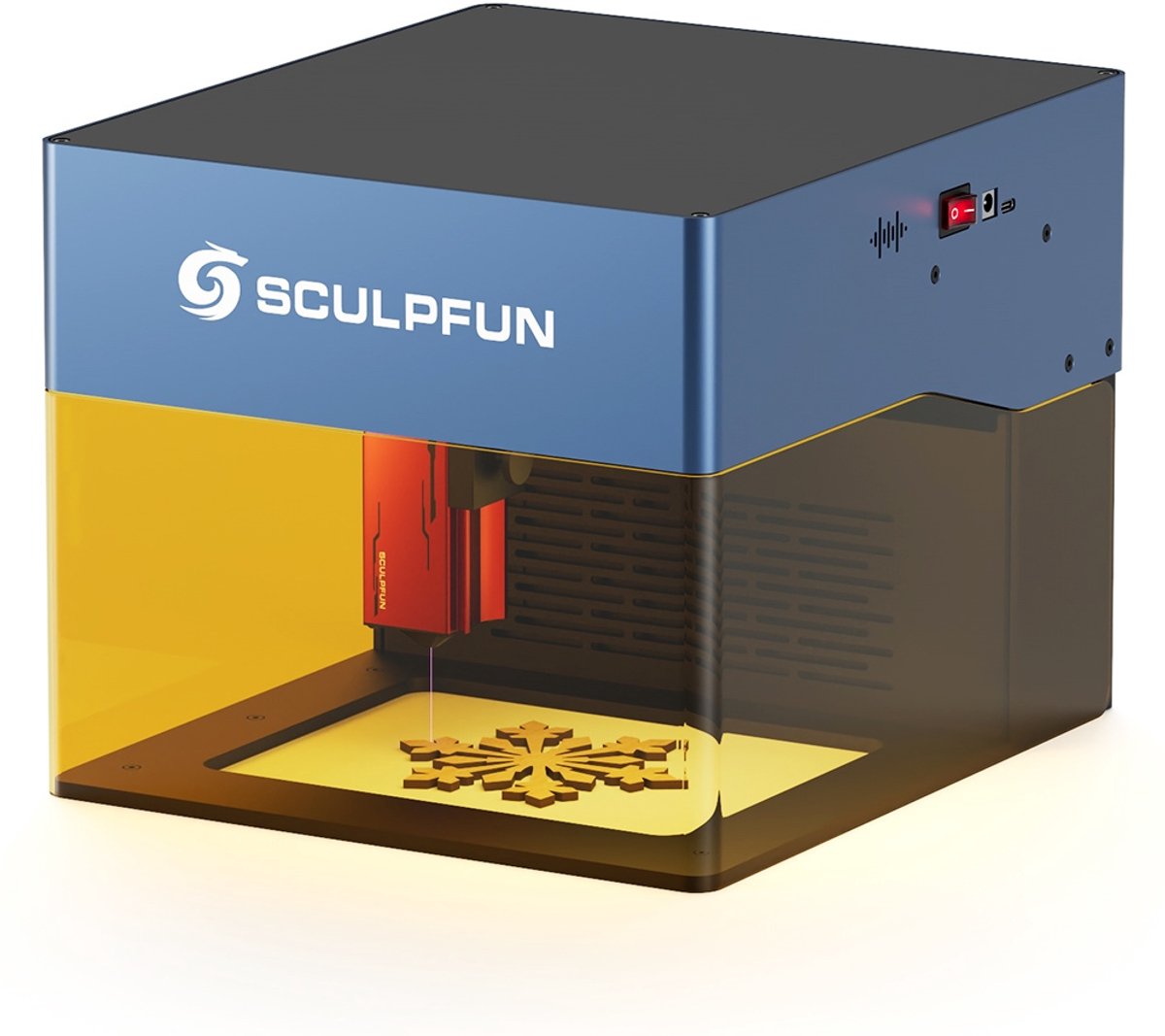 SCULPFUN iCube Pro 5W lasergraveerder, laservlek van 0,06 mm, graveersnelheid van 10.000 mm/min, 32-bit moederbord, vervangbare lens, rookfilter, temperatuuralarm, app-verbinding, 130x130 mm