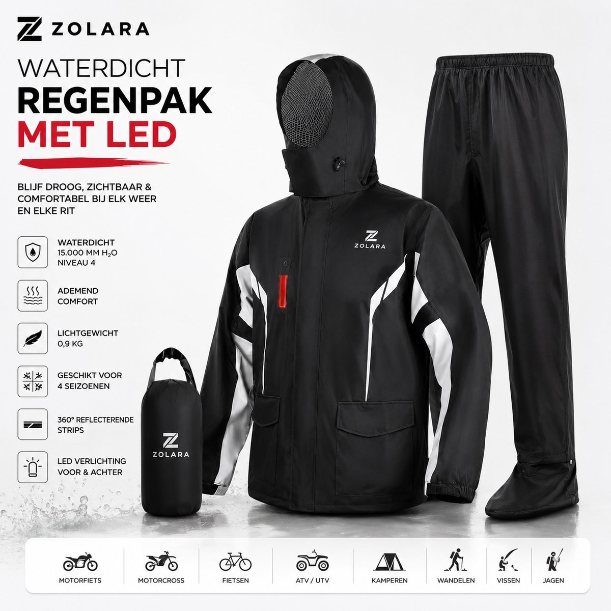 Zolara Regenpak Motor en Fiets - Uniseks - Waterdicht Regenpak met LED- Reflecterend Motorpak - Regenkleding - Zwart - Maat L