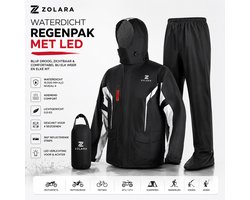 Zolara Regenpak Motor en Fiets - Uniseks - Waterdicht Regenpak met LED- Reflecterend Motorpak - Regenkleding - Zwart - Maat L