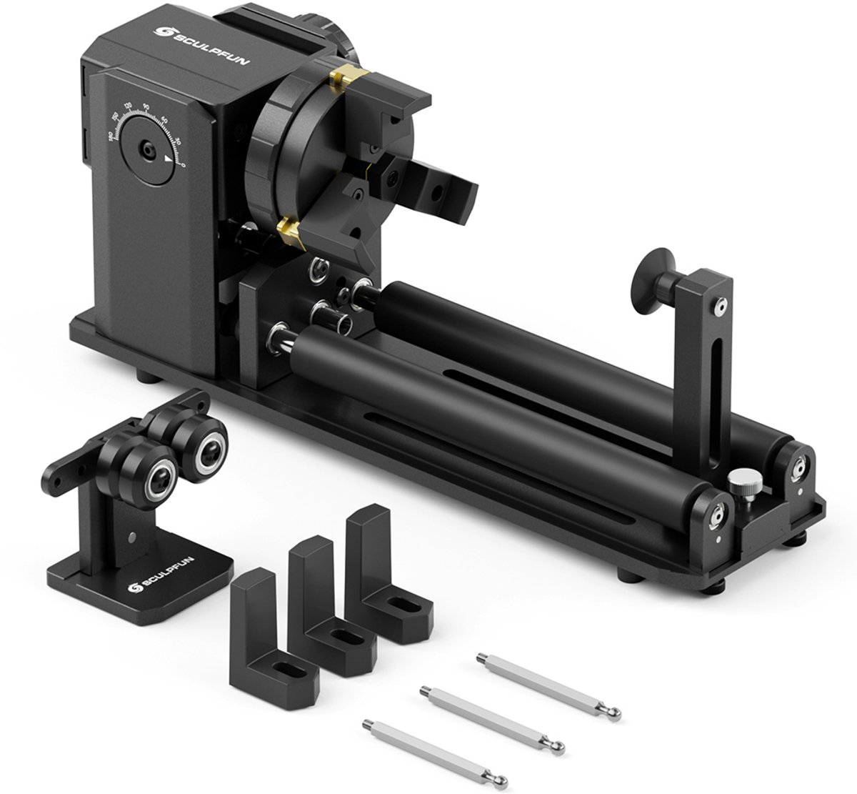 SCULPFUN RA Pro Max 4-in-1 roterende rol & klauwplaat voor S9, S30, S30 Ultra, SF-A9 lasergraveerders – Y-as roterende graveermodule voor het graveren van cilindrische en onregelmatige ronde objecten