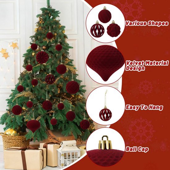 Kerstboom versierd met bourgondische fluwelen kerstballen van verschillende vormen. Tekst benadrukt 'Various Shapes', 'Velvet Material Design', 'Easy To Hang' en 'Ball Cap'.
