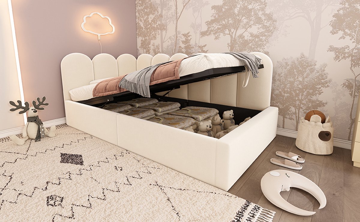 WUVRIE Bedbank 90x190 cm met hydraulische opbergruimte, fluwelen bekleding en L-vormig frame, beige