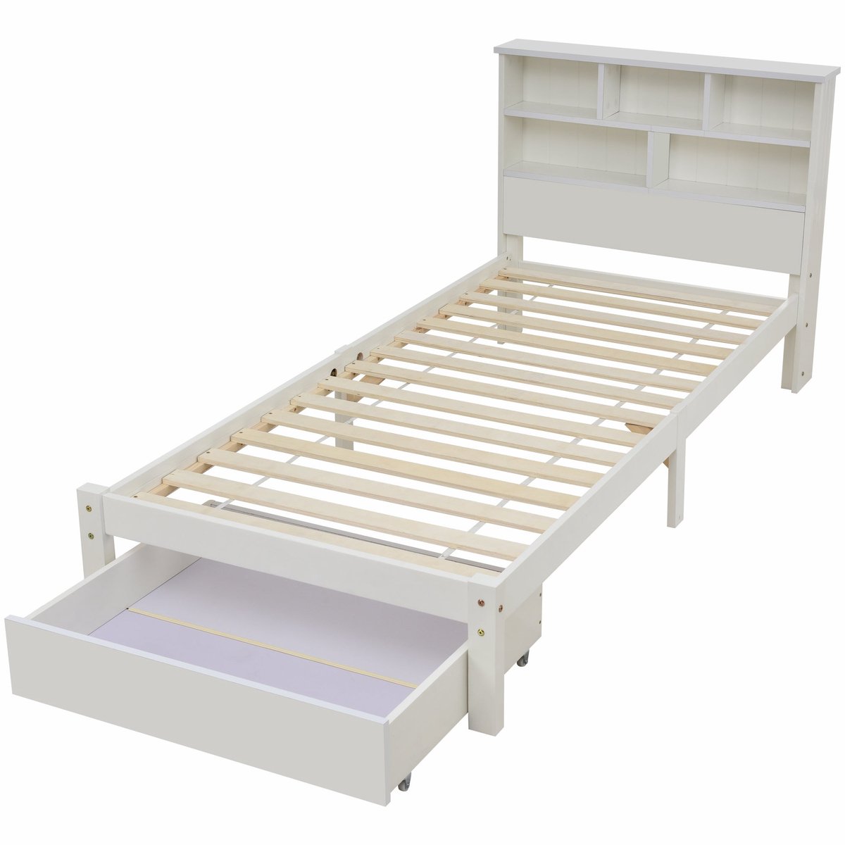 Merax Massiefhouten Kinderbed met Boekenregaal en Schubladen - 90x200 cm - Wit Houten Bed met Lattenbodem