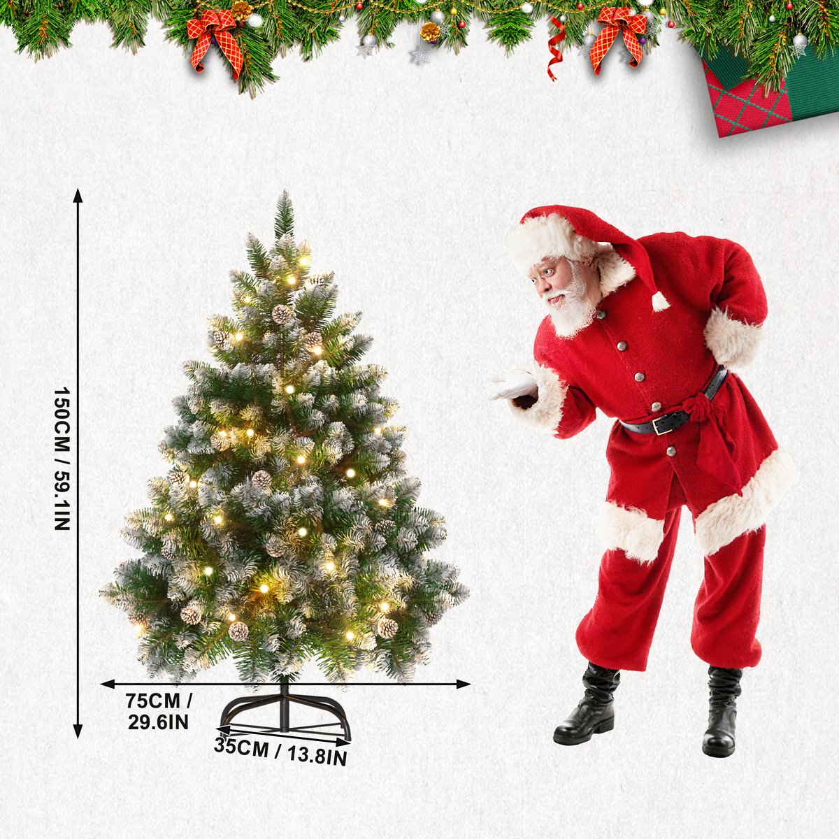 Kunstkerstboom 150 cm met LED Verlichting - Brandvertragend PVC - met Sneeuw en Dennenappels - Metalen Voet - Kerstdecoratie voor Huis en Etalage - NAIZY – foto 2