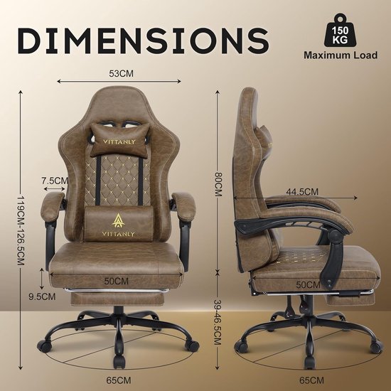 Gamingstoel Ergonomisch - Bureaustoel Comfort - Lang Zitten - Verstelbare Lendensteun - Max 150 kg - Bruin — afbeelding 4