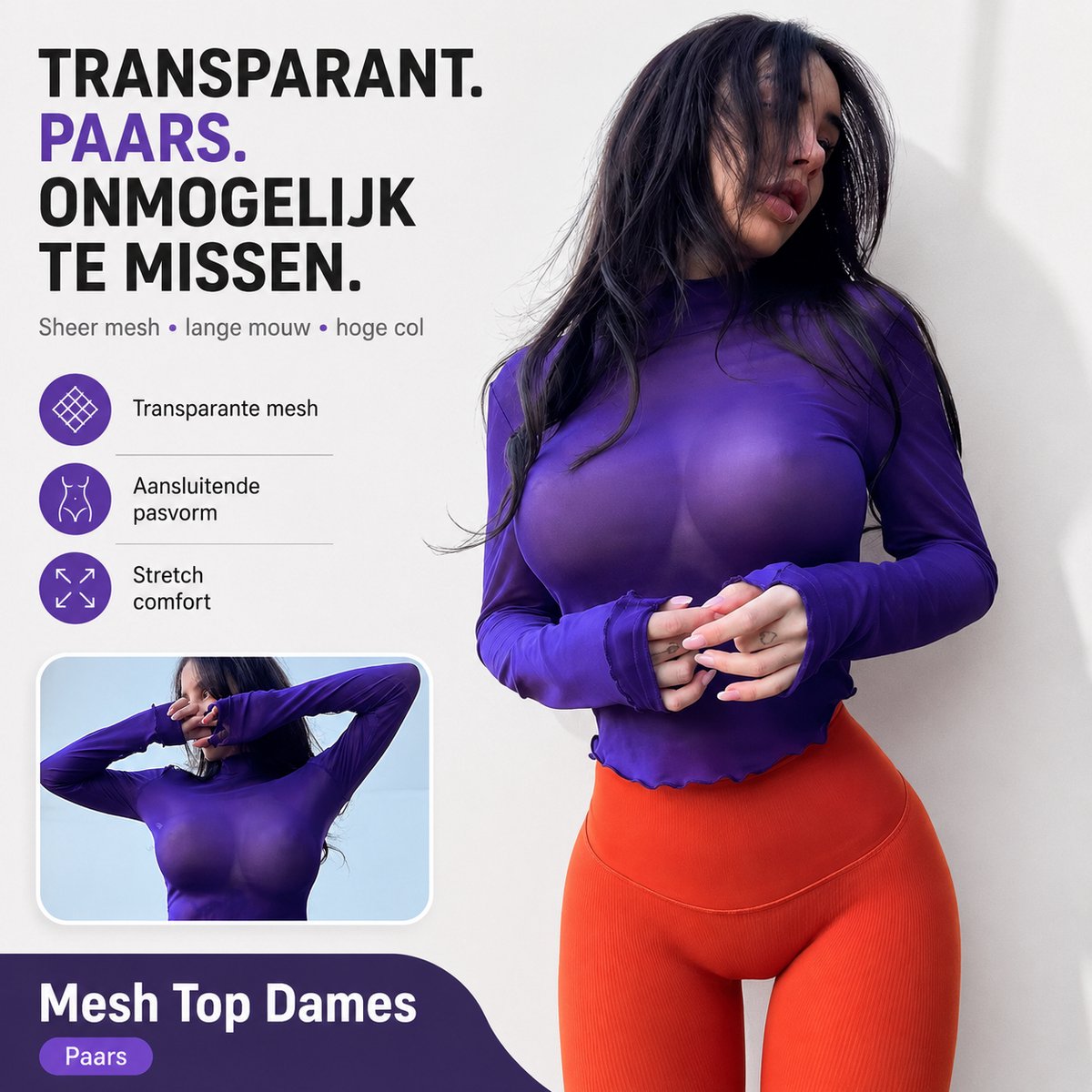 Sexy Transparante Mesh Top Dames – Paars – Lange Mouw met Col – Sexy Sheer Shirt – Stretch – Festival & Clubwear