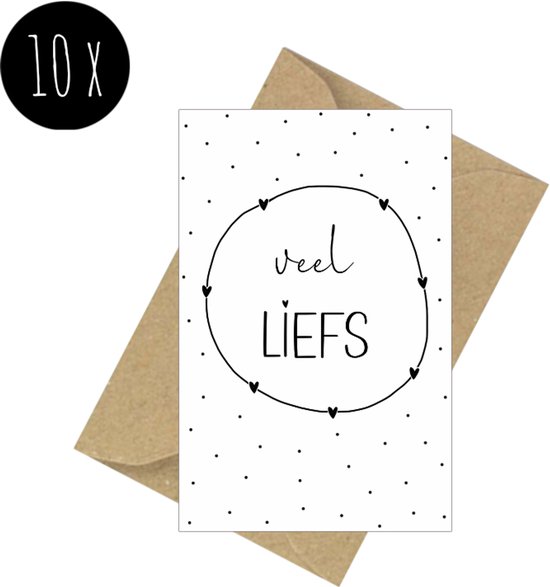 Set van 10 wenskaarten met de tekst 'veel LIEFS' en 10 kraft enveloppen.