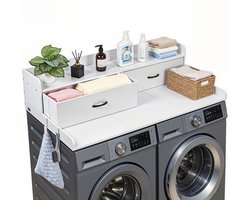 VEVOR Wasmachine en Droger Bovenplaat met Schroef, 137 X 69,9 cm Houten Wassers en Drogers Bovenplaat met 2 Laden & Hooks, Waskamers Bovenplaat voor Waskamers Pantry Counter Organisatie en Opslag, Wit