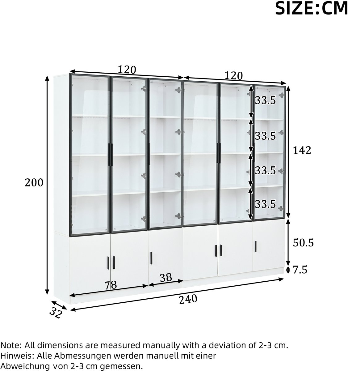 REDOM Vitrinekast - Hoge kast met 12 deuren - Glasvitrine met LED-verlichting en soft-close - Scandinavische stijl - Woonkamer - MDF en glas - Wit - 240 x 32 x 200 cm