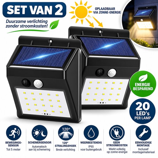 Lot de 2 lampes solaires extérieures noires, 20 LED chacune. Étanche, avec détecteur de mouvement, angle de 120 degrés, portée de 5m.