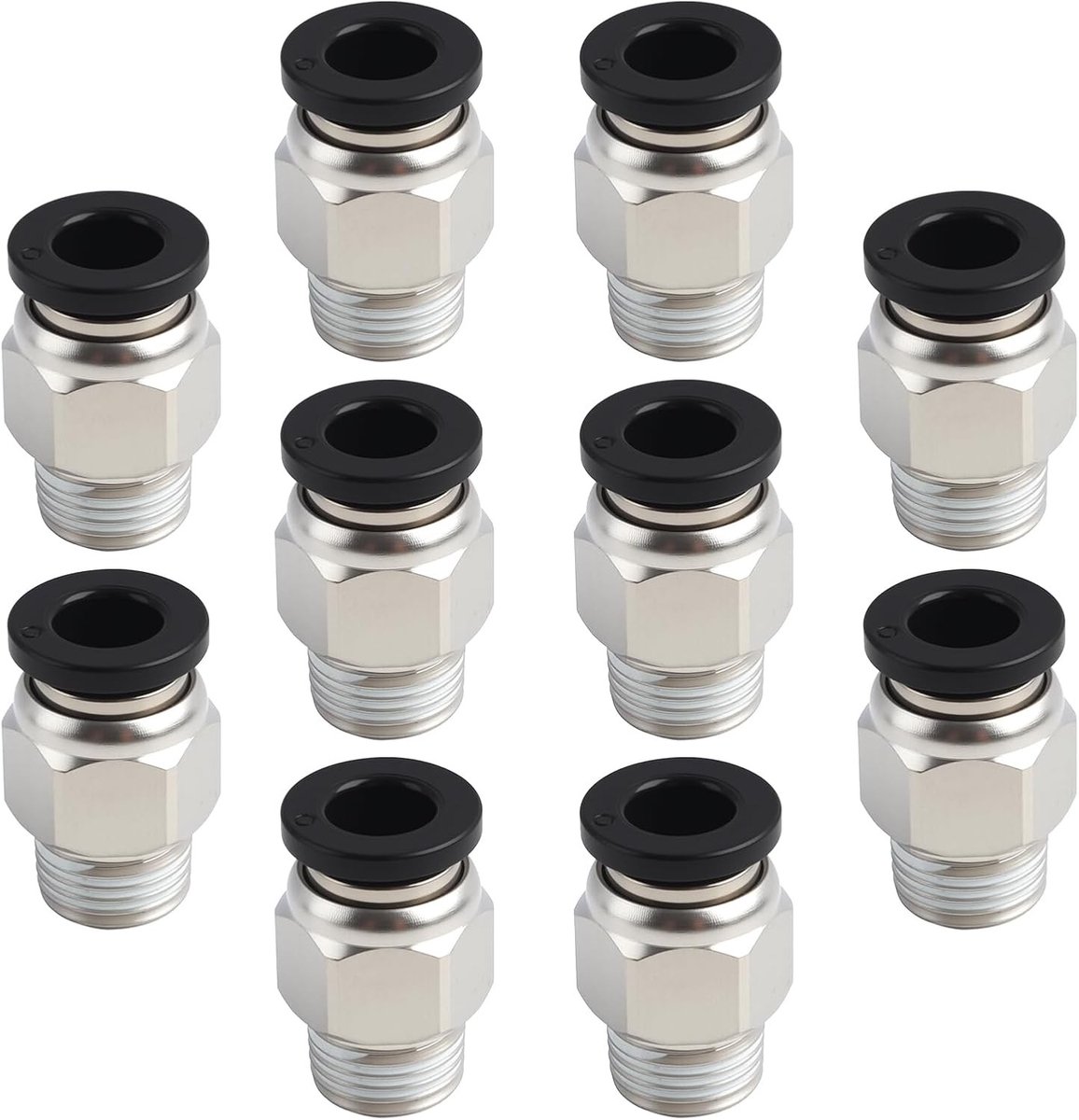 Set van 10 Snelkoppelingen voor Pneumatische Systemen, 6mm OD en 1/8 Inch BSP, Koppeling met Sealing Ring, Messing en Kunststof, Zwart - Ideaal voor Luchtleidingen en Slangen