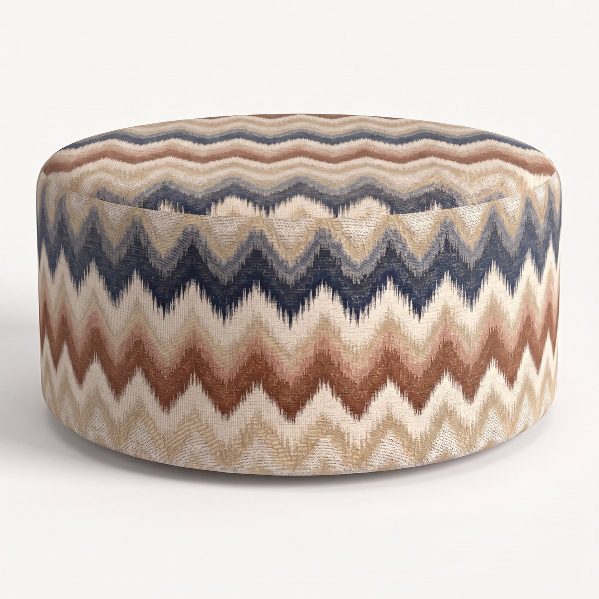 Mörgenn Poef Zigzag Terra Blue - Ronde Poef en Voetenbank - Chevron Geweven - 70x70x40 cm