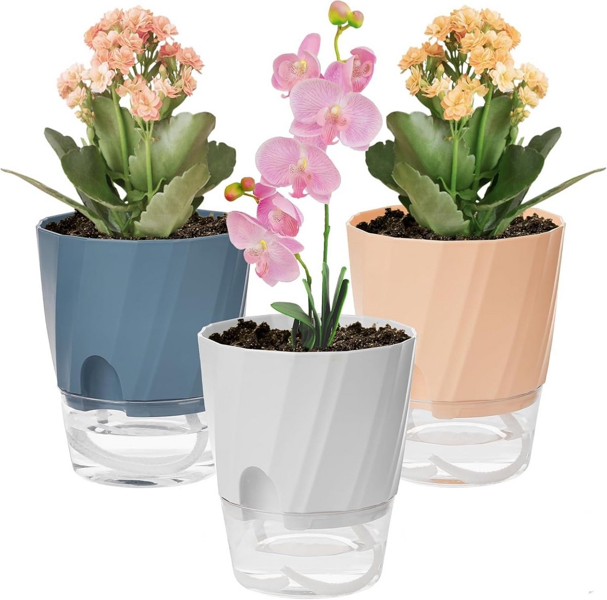 Zelfbewaterende Bloempotten - Set van 3 - 12 cm Kruidenpotten met Bewateringssysteem - Zelfbewaterende Plantenpotten voor Kruiden en Planten - Voor Vensterbank, Keuken, Binnen en Balkon