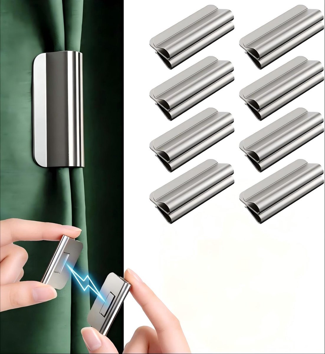 8 paar magnetische gordijnclips om gordijnen gesloten te houden, zilver, Voorkomt lichtlekkage, boren niet nodig, afneembaar, sterke magnetische sluiting voor gordijnen, geschikt voor binnen, buiten, douche, slaapkamer, kantoor