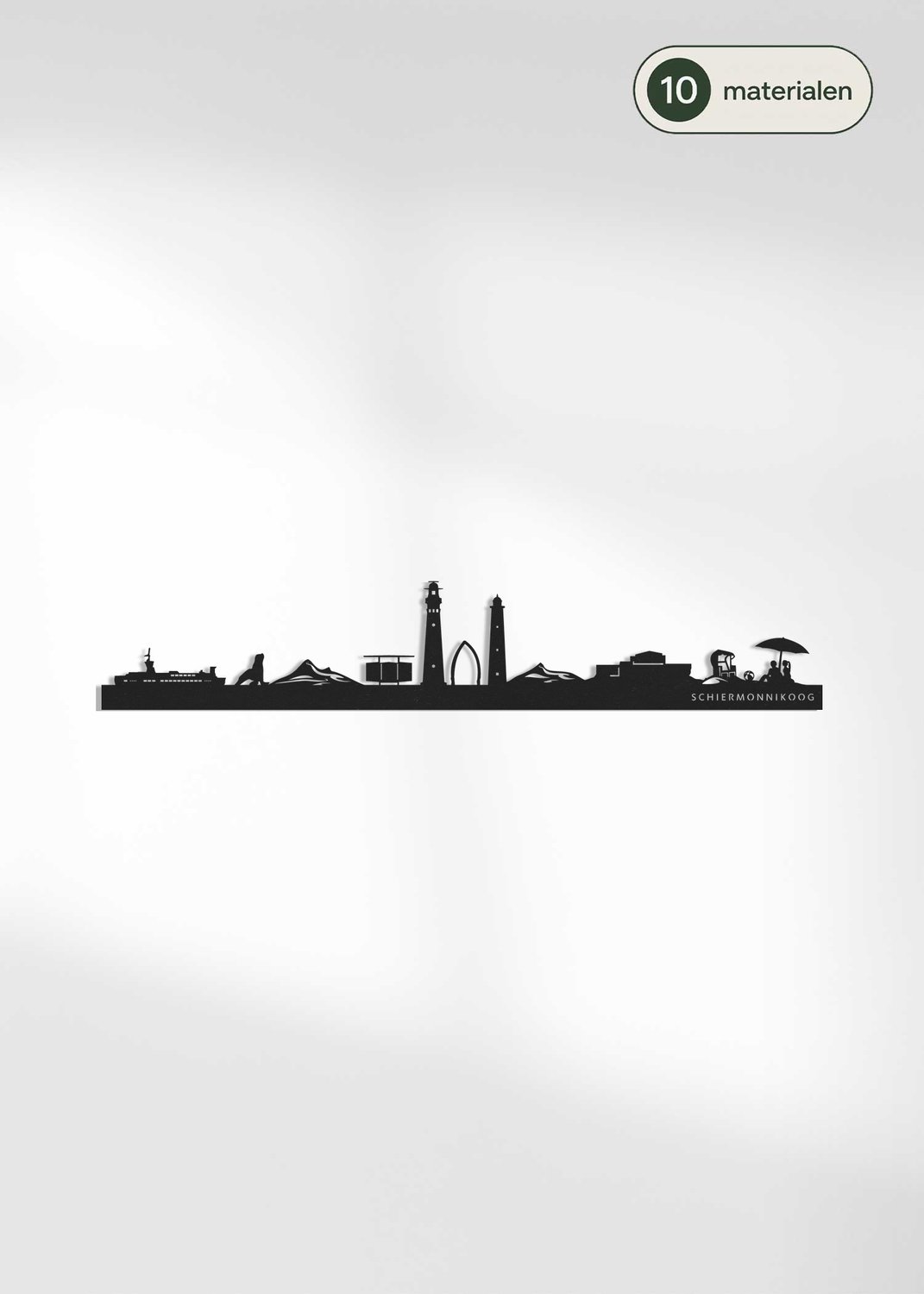 Houten Skyline Schiermonnikoog | Wanddecoratie voor aan de muur | Zwart MDF | 70 x 14 cm