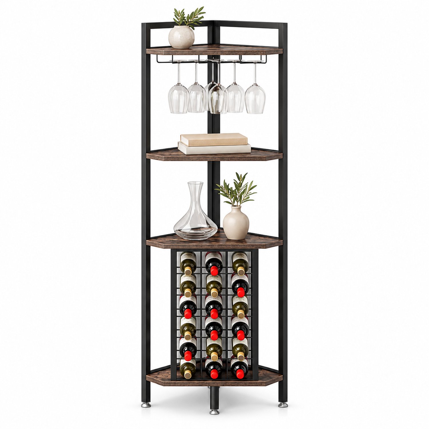 DMG Supply Hoekwijnrek - 18 Flessen - Met Glazenhouder - 40 x 40 x 161 cm - Bruin/Zwart - MDF en Metaal
