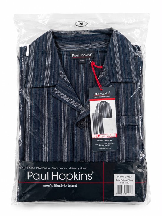 Paul Hopkins pyjama in plastic verpakking, blauw gestreept, 100% katoen, maat M/50, artikelnummer PHPYH2712A.