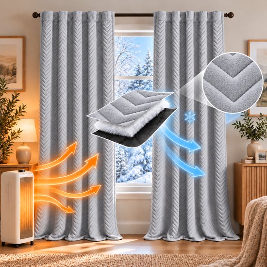 Grijze thermische gordijnen met visgraatpatroon, drielaagse isolatiestructuur en warmte-isolerende werking.