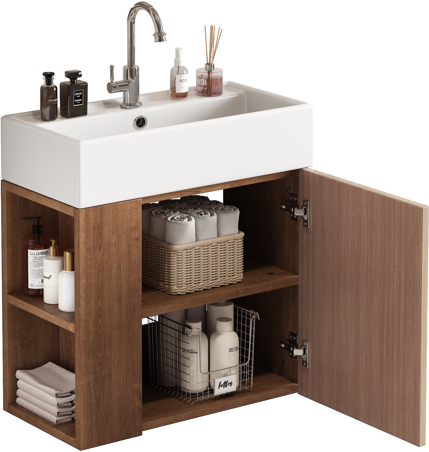 Badkamermeubel Met Wastafel - Wastafelonderkast 55 Cm - Hangend Met Deur En Zijvakken - Compact Model Voor Kleine Badkamer - Bruin MDF