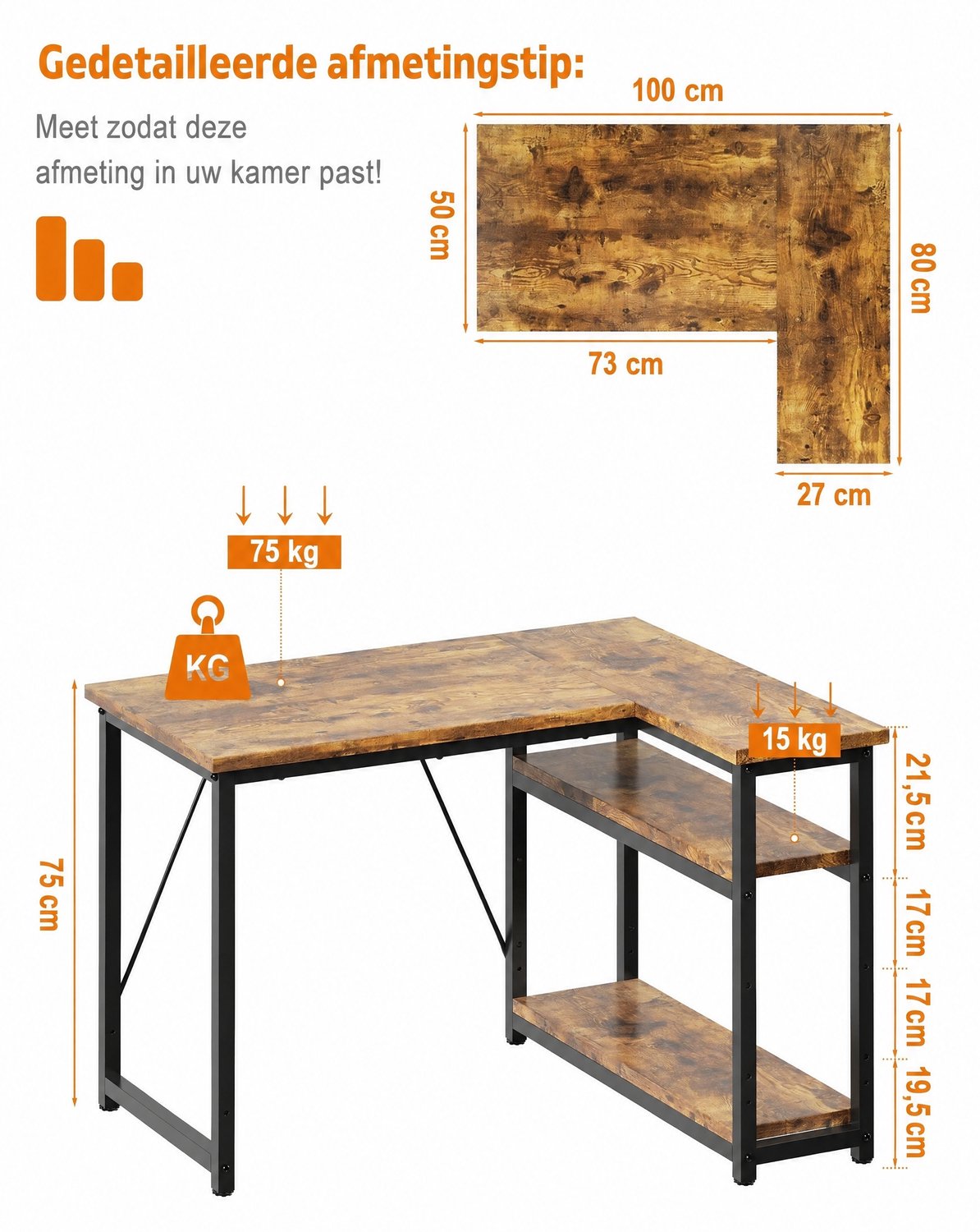 Devoko L-vormig Hoekbureau 100 cm – Computerbureau met Links of Rechts Monteerbaar Opbergrek – Verstelbare Legplanken – Stalen Frame – Vintagebruin