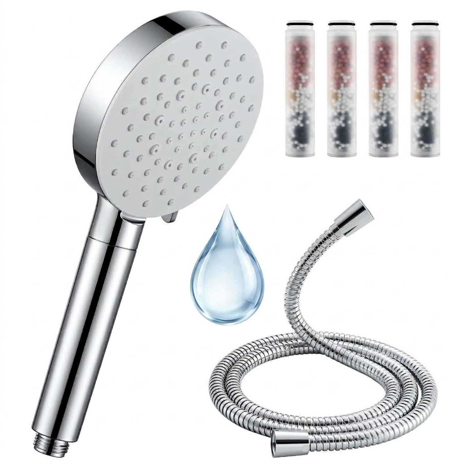 Auralum Max Douchekop met Filter Set 6 Straalstanden Handdouchekop Hoge Druk met 1.5m Doucheslang & 4 Filters Universeel G1/2 Waterbesparende Chroom& Wit