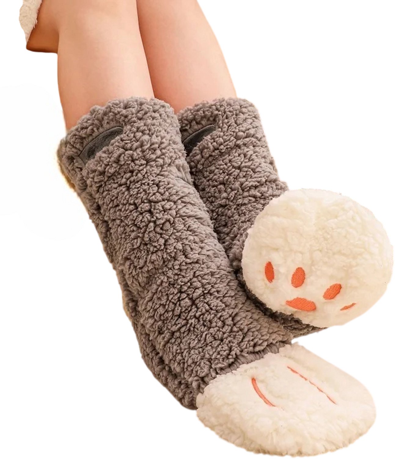 Warme Kattensokken Dames – Dikke Fleece Wintersokken met Kattenpootjes Kawaii Slaapsokken Grappige Lange Sokken en Cosplay Sokken Grijs