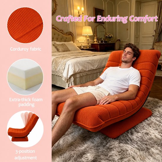 Oranje corduroy draaifauteuil met dikke schuimvulling en drie verstelbare standen, getoond met man die rust.