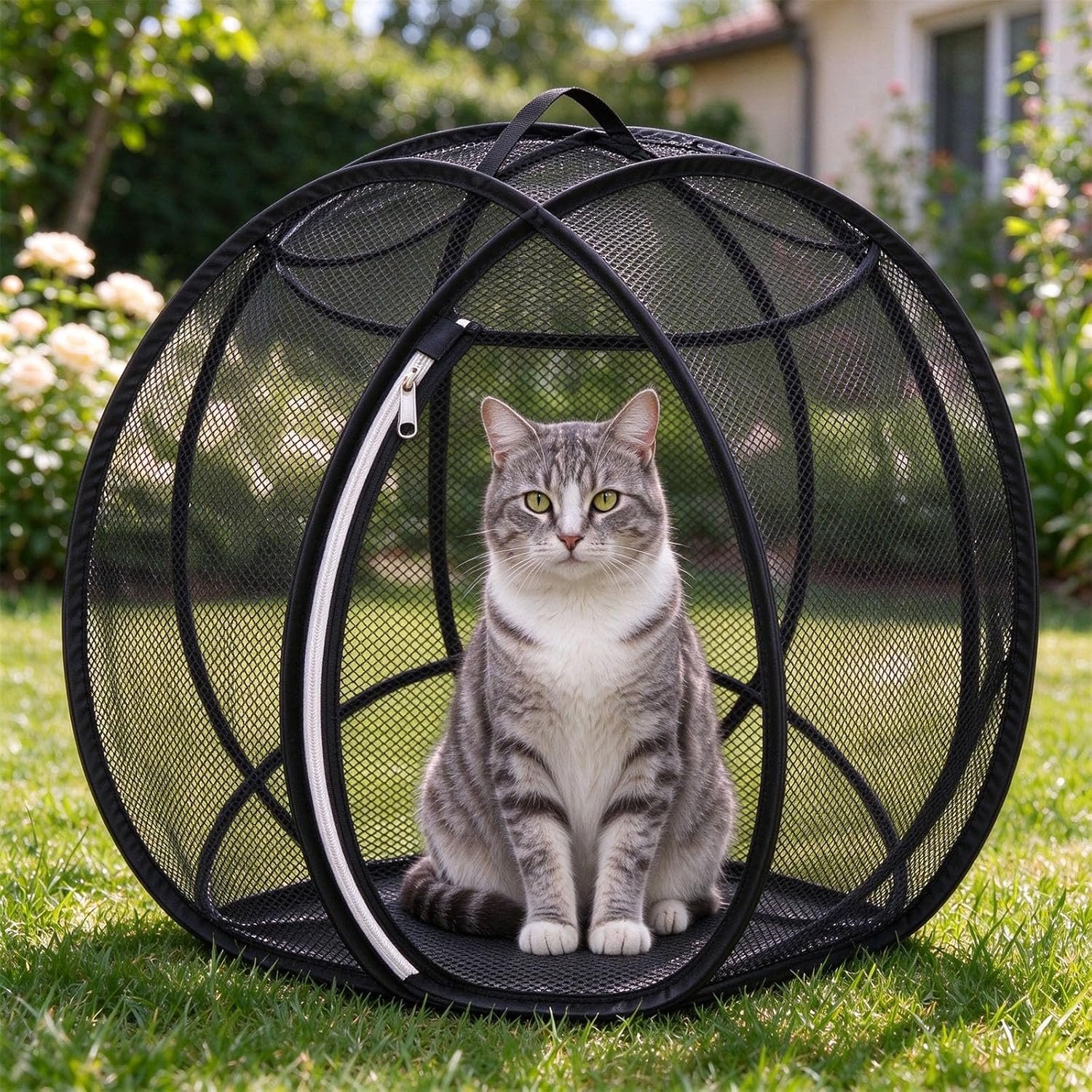 Oprolbaar gaas kat speelbol verblijf - opvouwbare kat oefenkooi met rits - rondrollende sferische katten speelkooi zwart 45×45cm | Interactief kattenspeelgoed voor binnen & tuin
