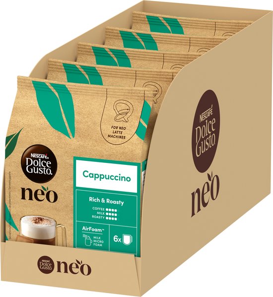 Displaydoos met 6 pakken Nescafé Dolce Gusto Neo Cappuccino, met beige verpakking, groene accenten en productinformatie.
