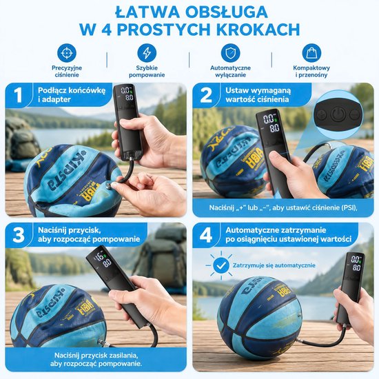 Elektrische ballpomp – Draagbare automatische snelpomp met manometer en LCD-scherm – Zwart, inclusief 2 naalden en 1 mondstuk voor basketbal, voetbal en volleybal — afbeelding 2