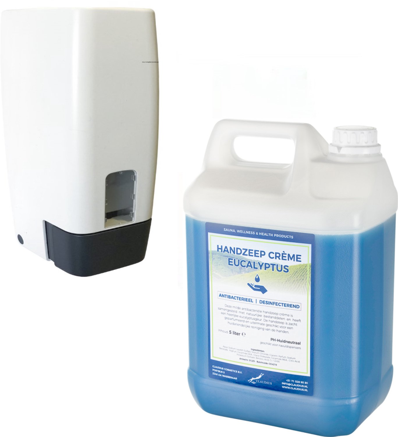 Claudius Zeepdispenser 1 liter kunststof hervulbaar + 5 liter jerrycan Handzeep Crème Eucalyptus - voordeelverpakking - navulling