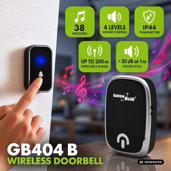 GreenBlue draadloze deurbel, 38 melodieën, 90 dB, zwart, bereik tot 200 m, GB404 B — afbeelding 3