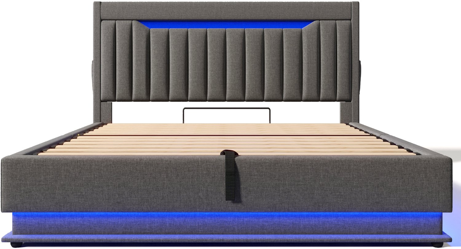Welltin Gestoffeerd tweepersoonsbed 140x200 cm - Hydraulische opbergruimte - Hoofdbord met USB en USB-C - Ledverlichting - Linnen - Slaapkamer - Grijs