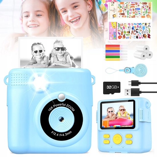 Lichtblauwe kinderinstantcamera met 16x zoomlens, flitser en 2,4 inch scherm. Set bevat stickers, pennen en extra papierrollen.