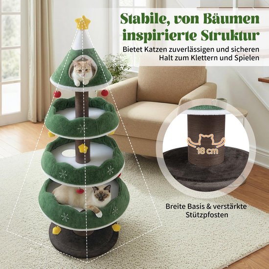 Stabiele kerstboom-krabpaal met brede voet, 18 cm krabpaal en twee katten.