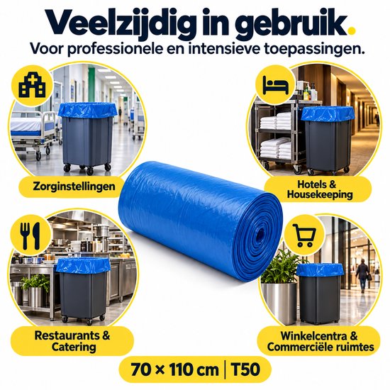 Rol blauwe T50 afvalzakken met voorbeelden van gebruik in zorg, hotels, horeca en winkels.